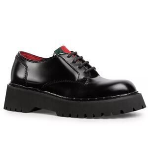 Gucci Thea Web Derby Oxford Loafer Lace Up Black Leather 39 Womens
